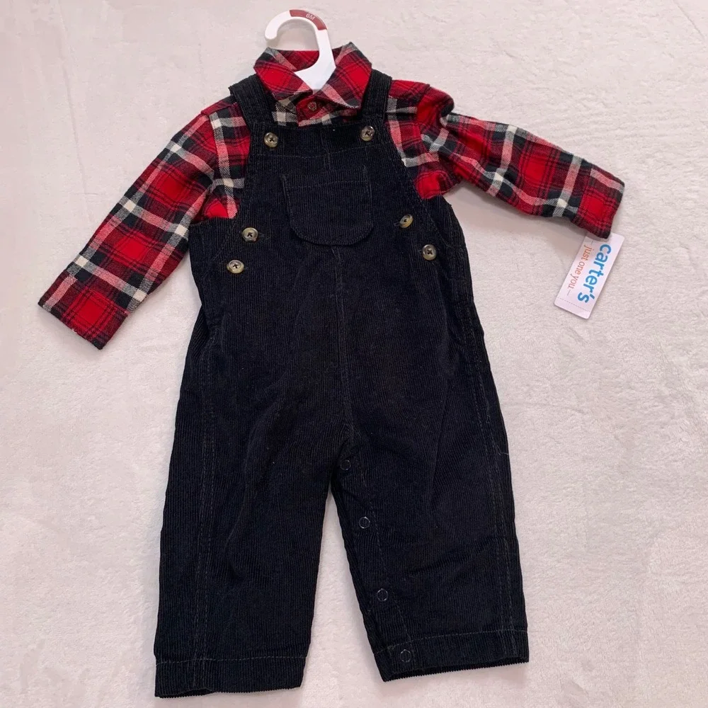 Carters plaid shirt and‎ black corduroy overalls 6 months new with tags